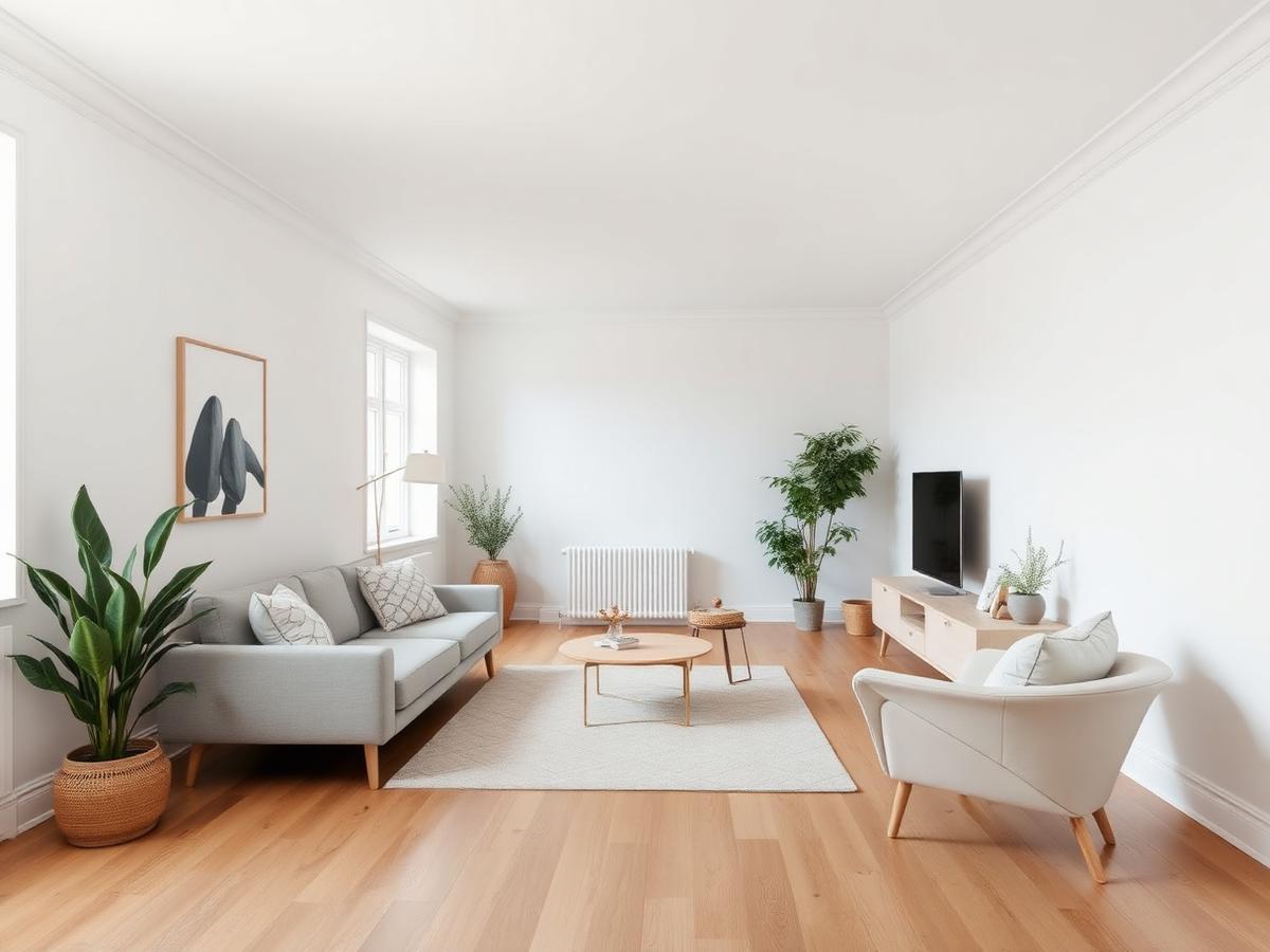 Nymalt lys stue med parkett i en nordisk bolig